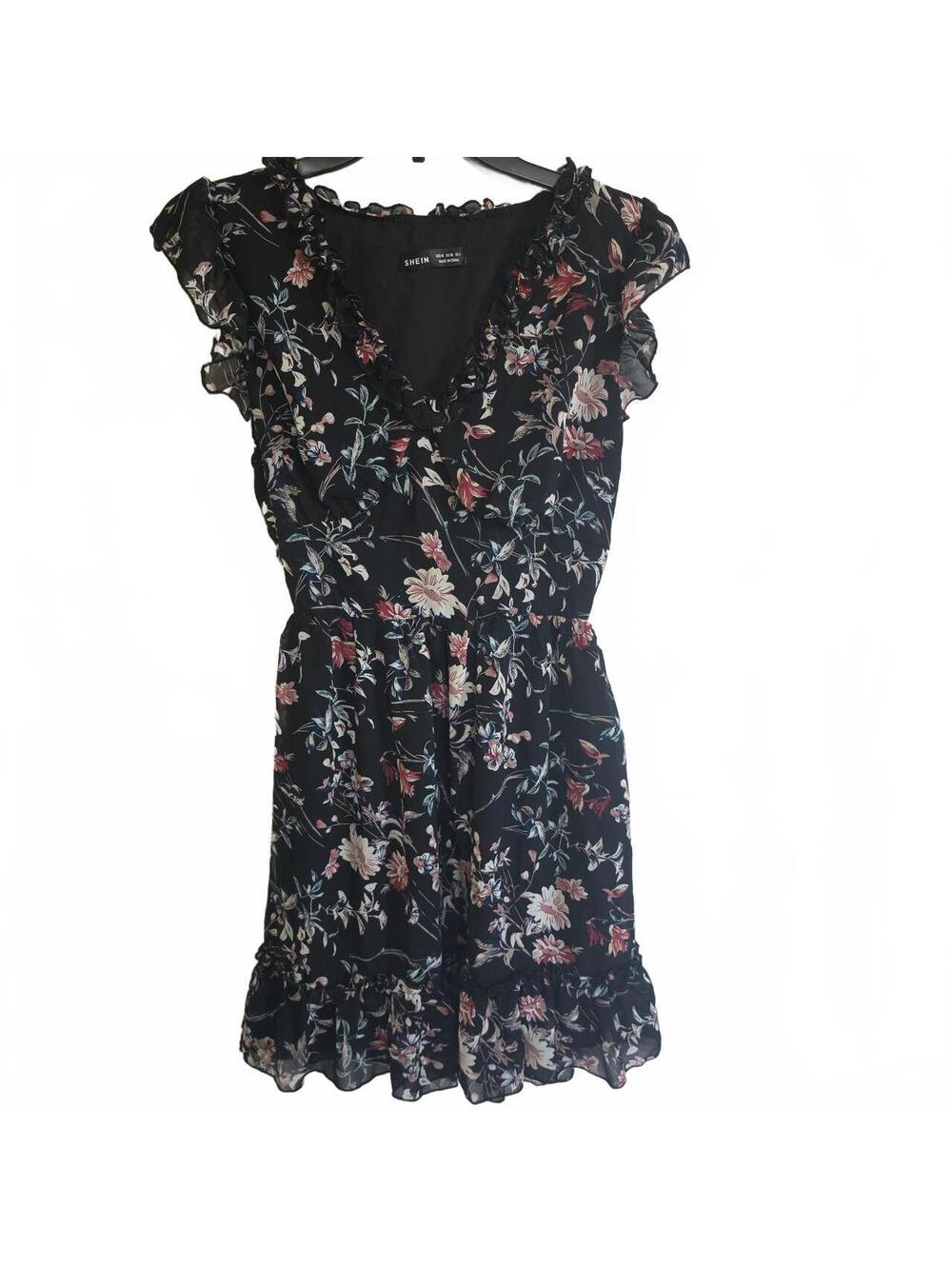 SHEIN Black Floral Mini Dress with Pink, White, and Red Flowers, Size M